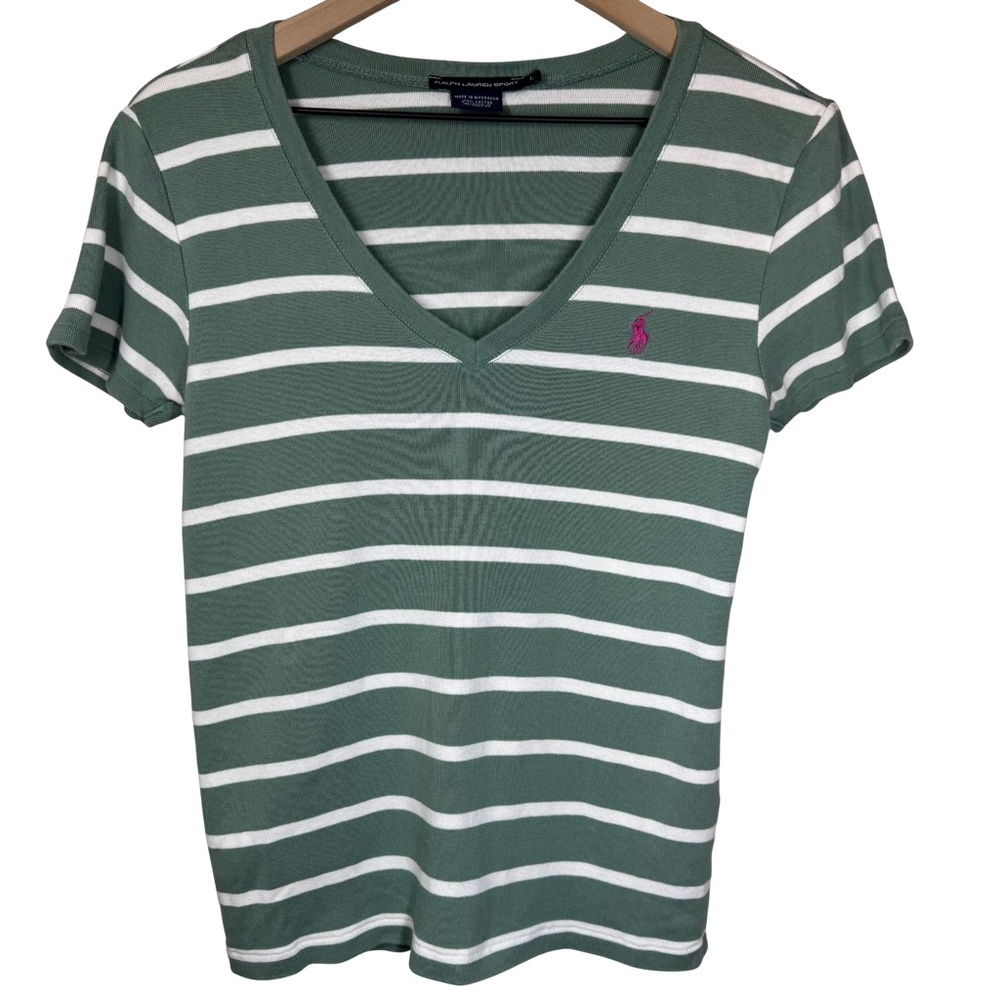 Ralph Lauren Sport LARGE Cotton V-neck Baby T-Shirt Olive and White Pink Pony
